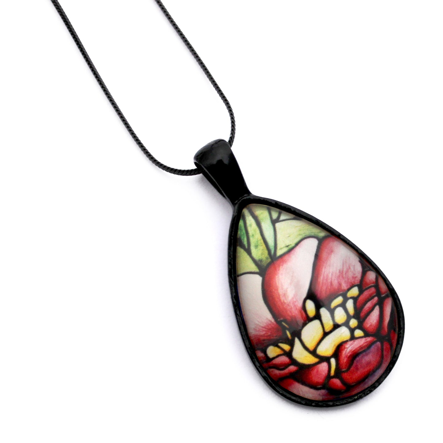 Red Peony Flower Black Glass Teardrop Necklace
