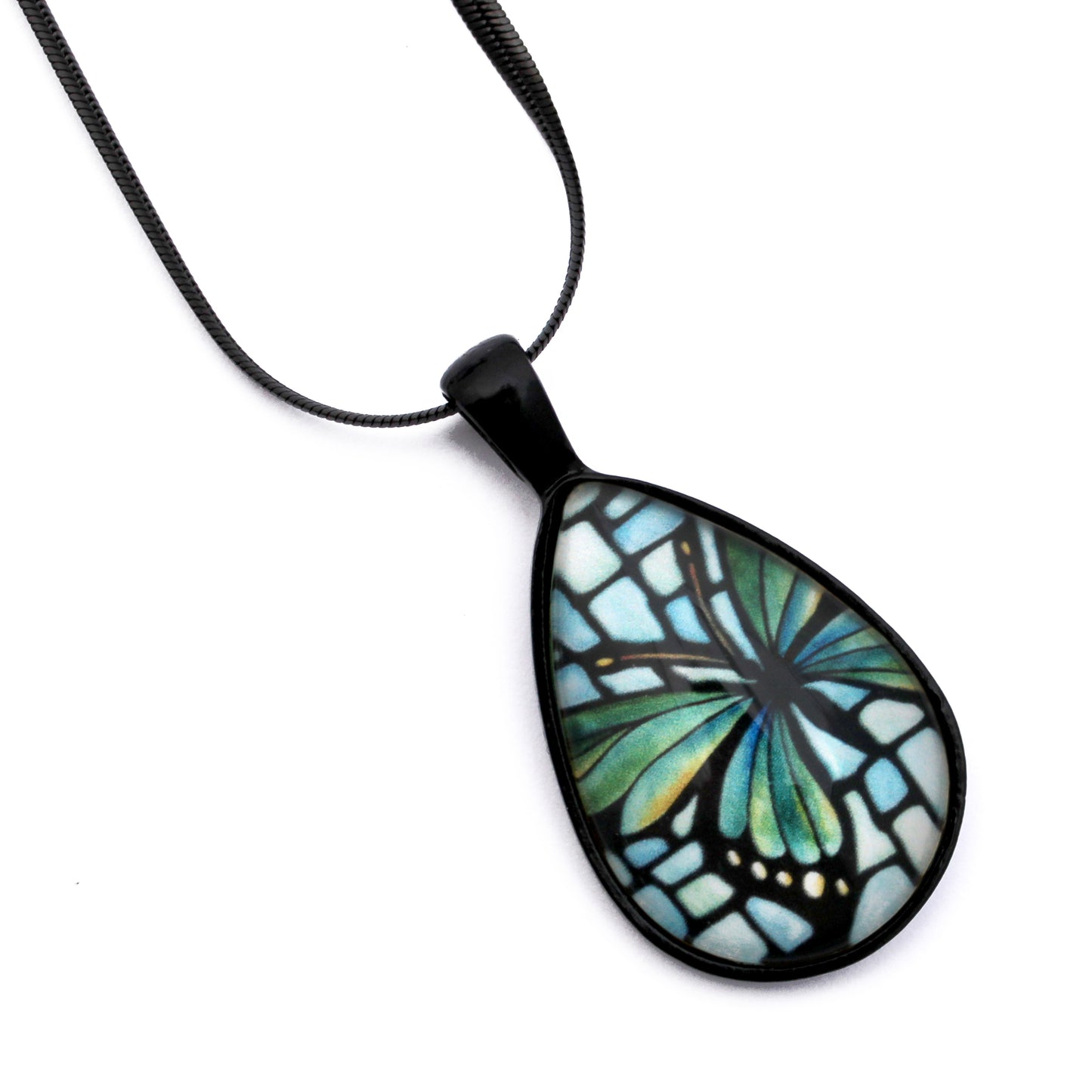 Teal Butterfly Black Glass Teardrop Necklace