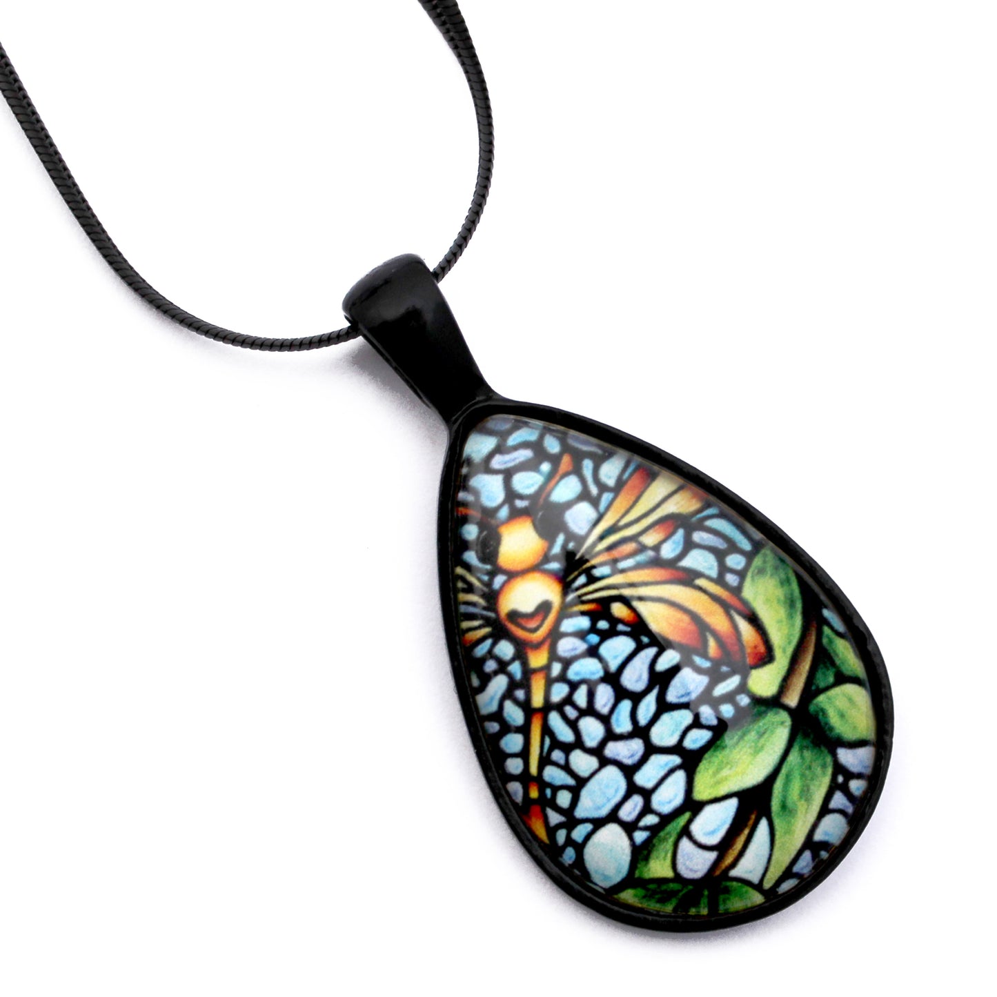 Orange Dragonfly Black Glass Teardrop Necklace
