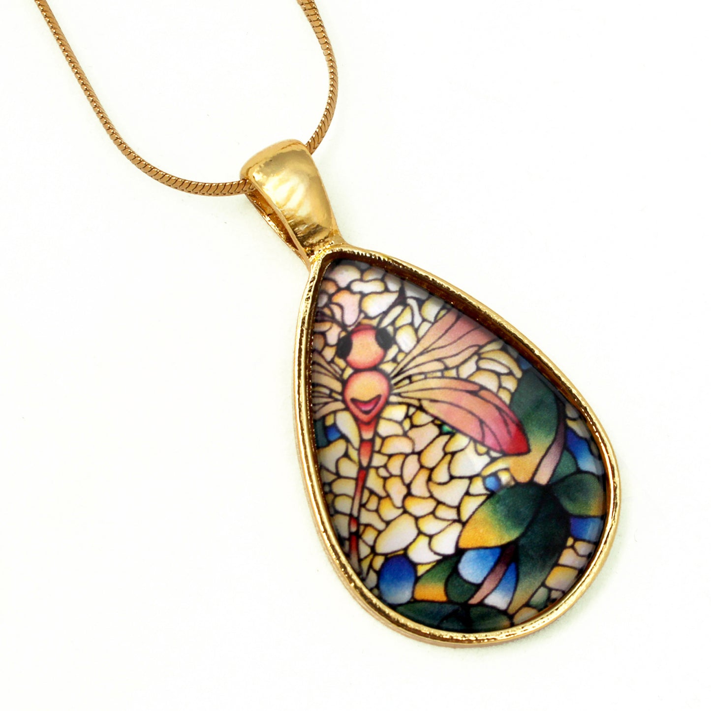 Orange Dragonfly Gold Glass Teardrop Necklace