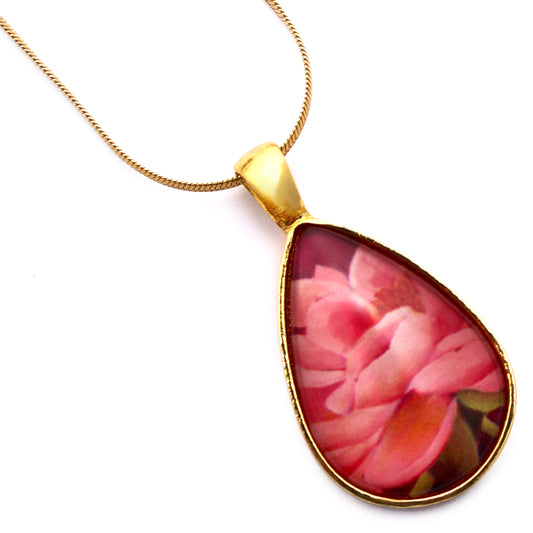 Pink Peony Gold Teardrop Necklace