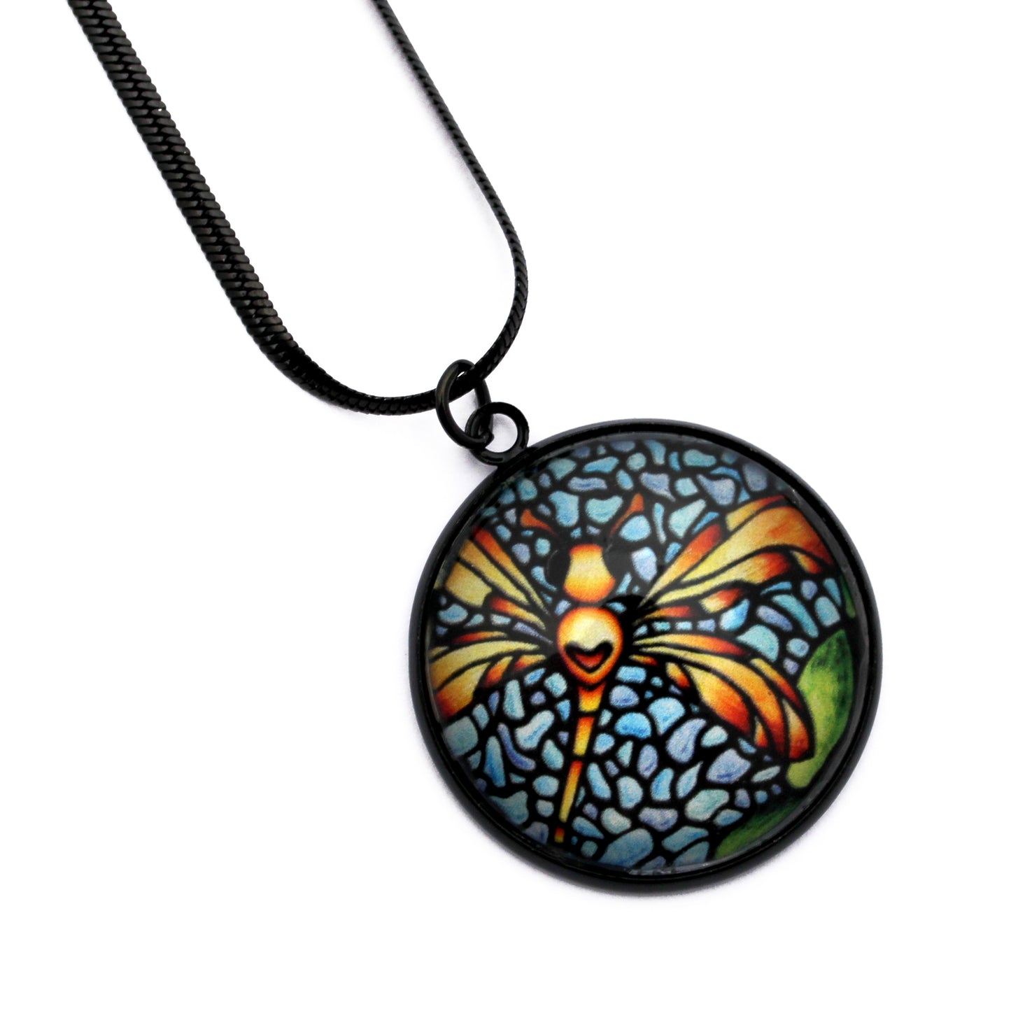 Orange Dragonfly Black Circle Necklace