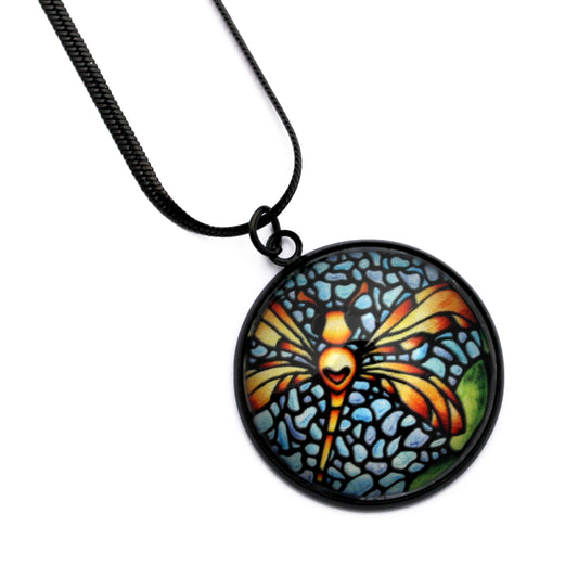 Orange Dragonfly Black Circle Necklace