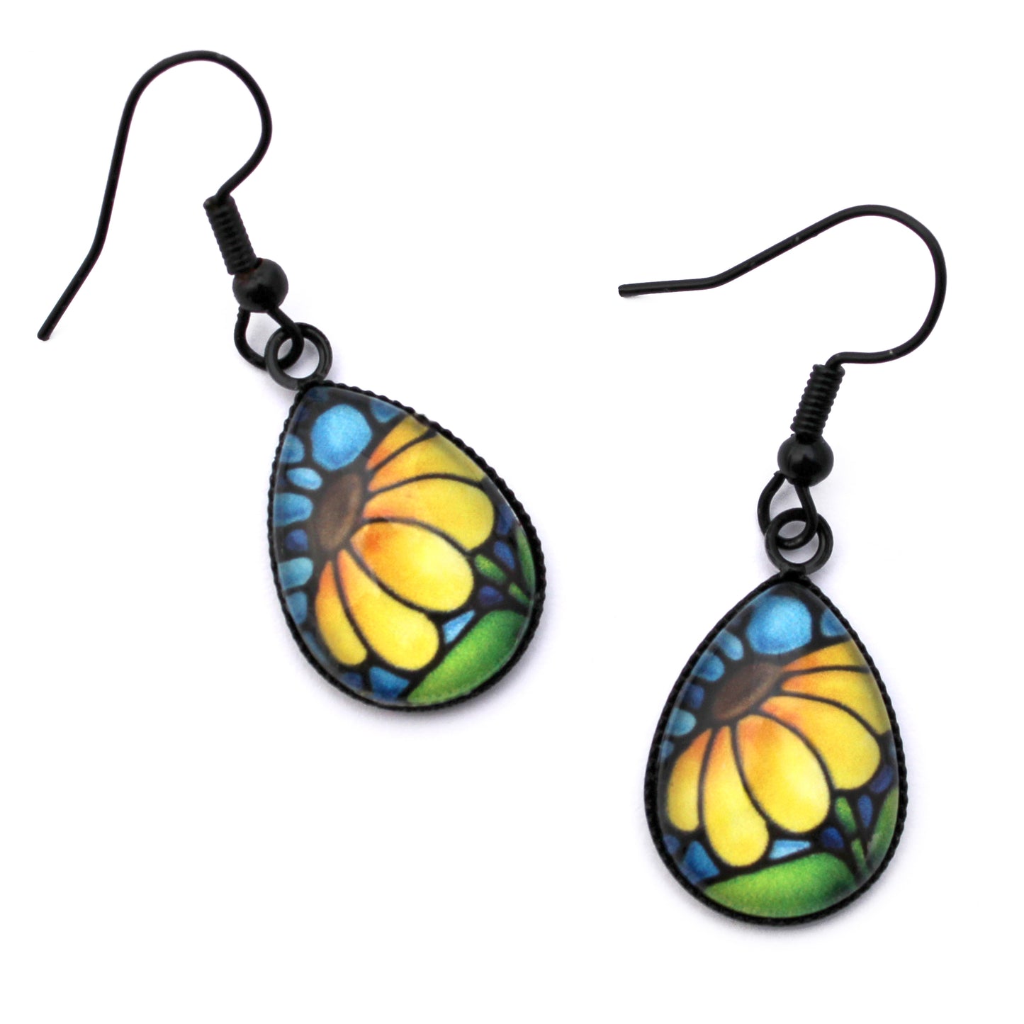 Yellow Sunflower Black Teardrop Earrings