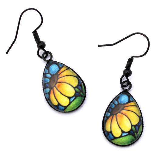 Yellow Sunflower Black Teardrop Earrings