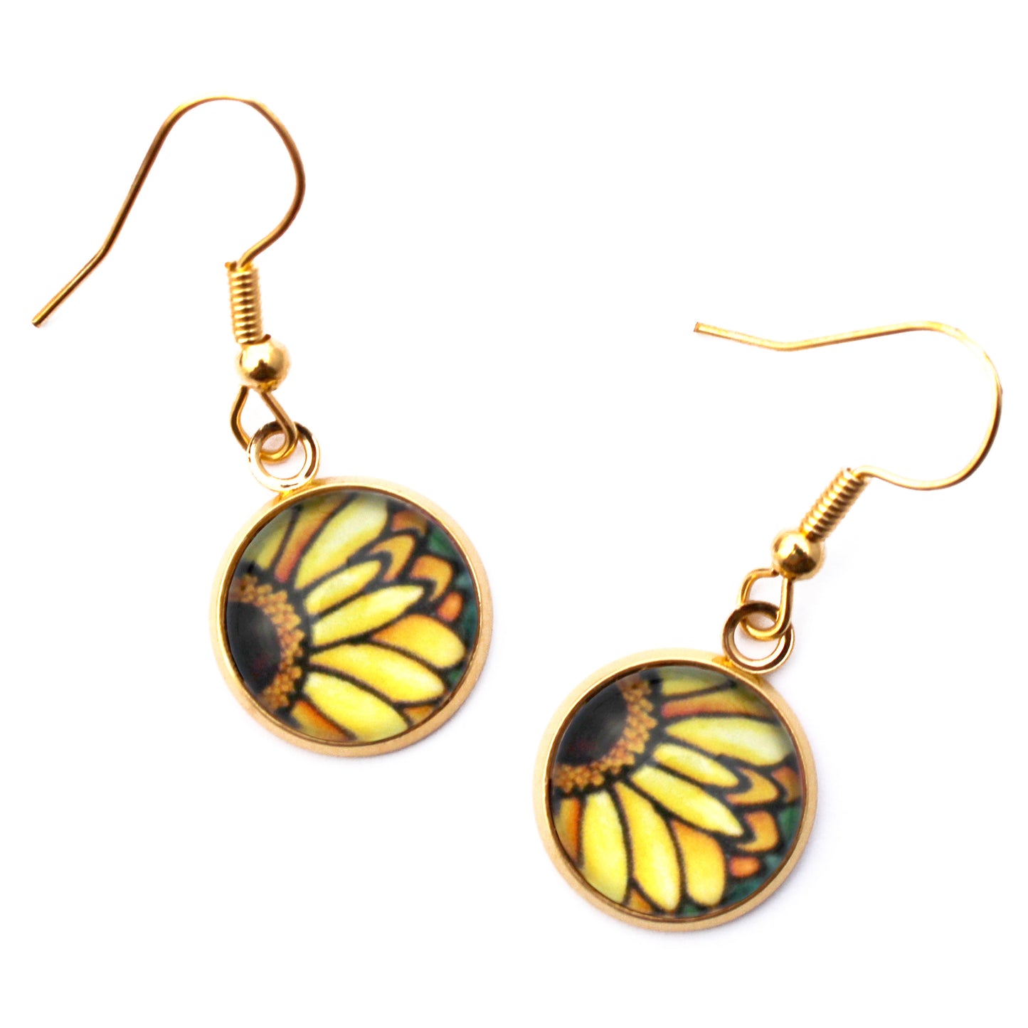 Yellow Daisy Gold Circle Glass Earrings