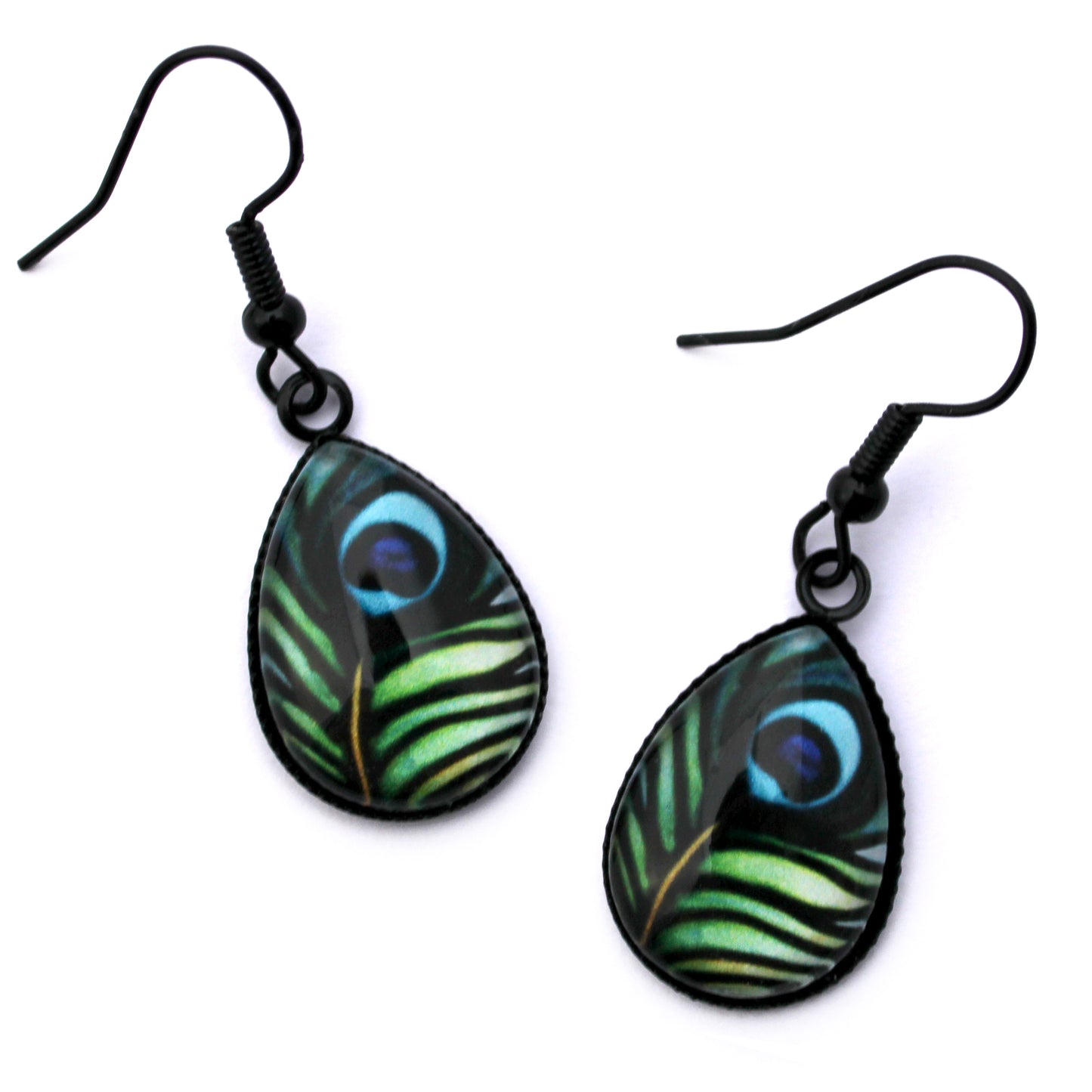 Peacock Feather Black Teardrop Earrings