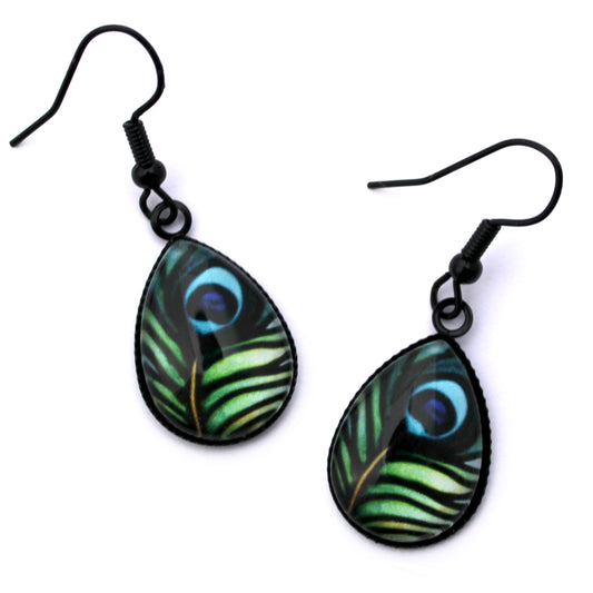 Peacock Feather Black Teardrop Earrings