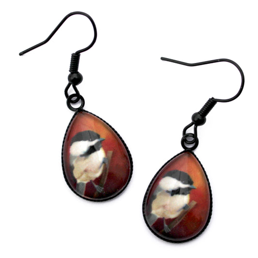 Chickadee Black Teardrop Earrings