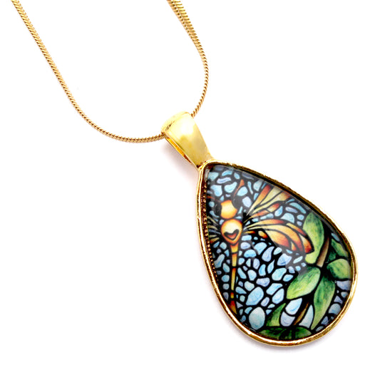 Orange Dragonfly Gold Teardrop Necklace