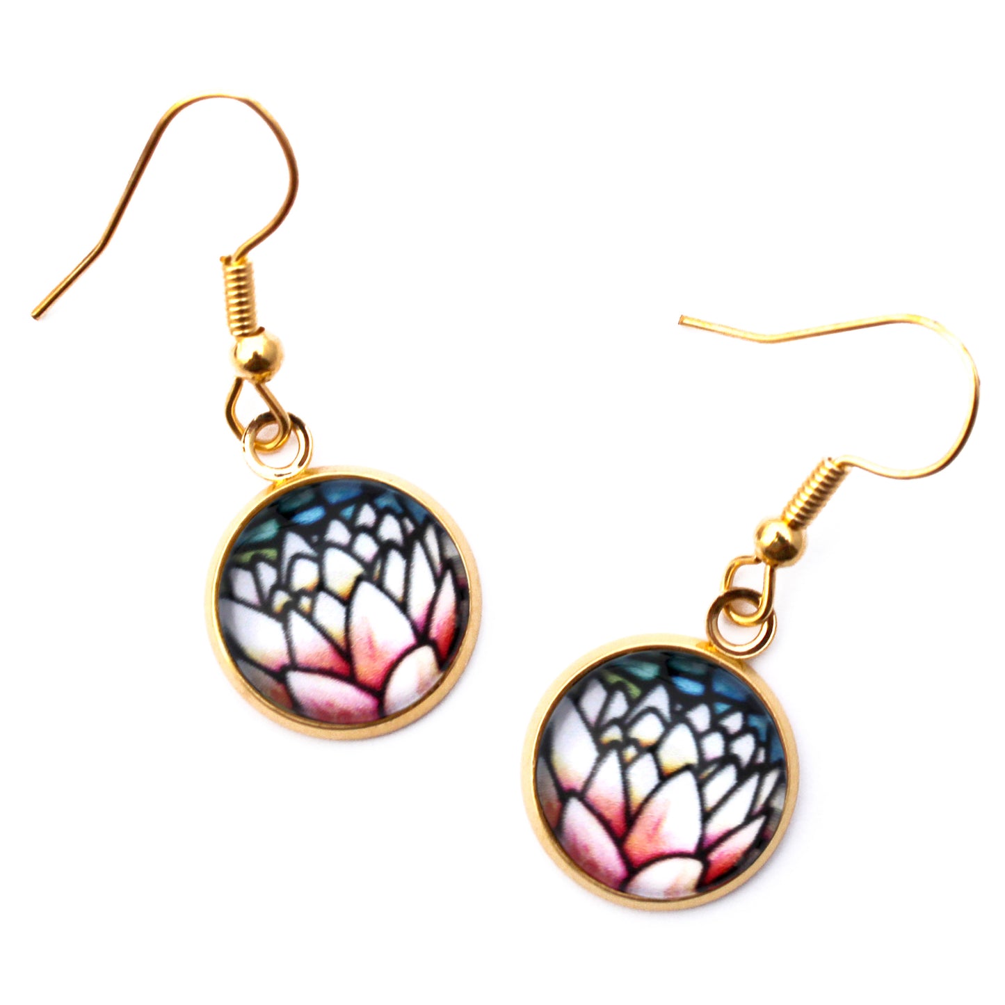 Pink Lotus Flower Gold Circle Glass Earrings