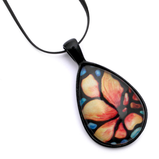 Peach Magnolia Flower Black Teardrop Necklace