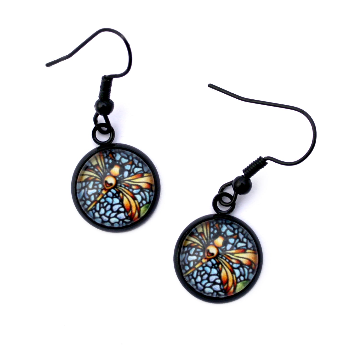 Orange Dragonfly Black Circle Earrings