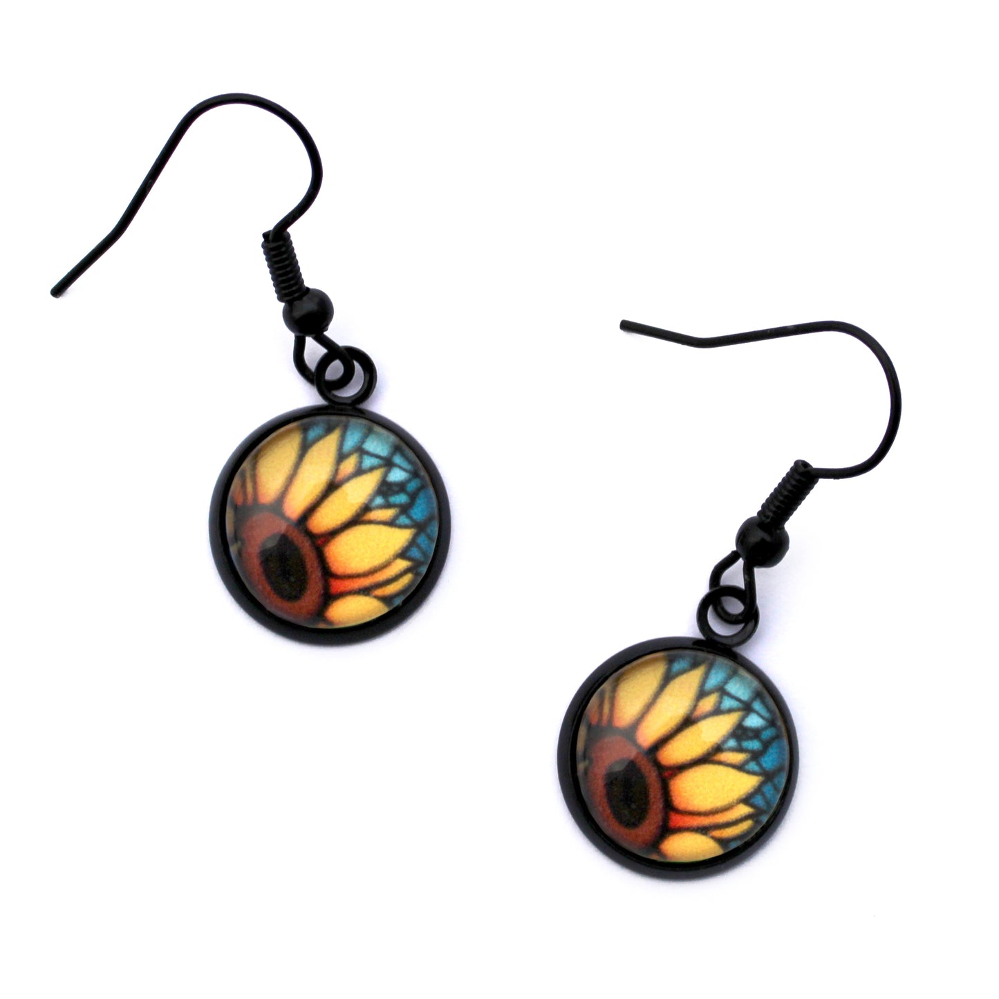 Orange Sunflower Black Circle Glass Earrings