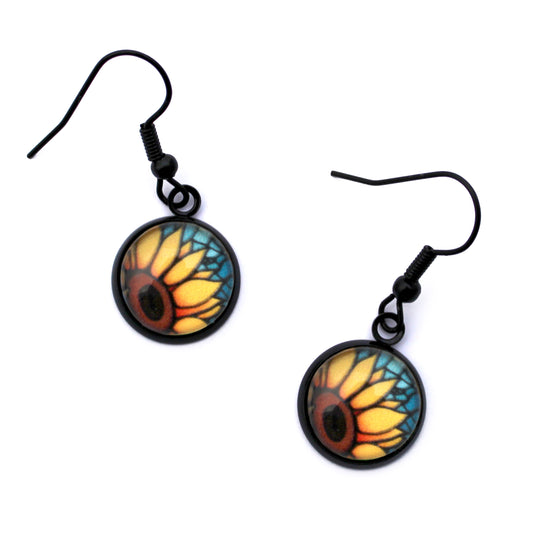 Orange Sunflower Black Circle Glass Earrings