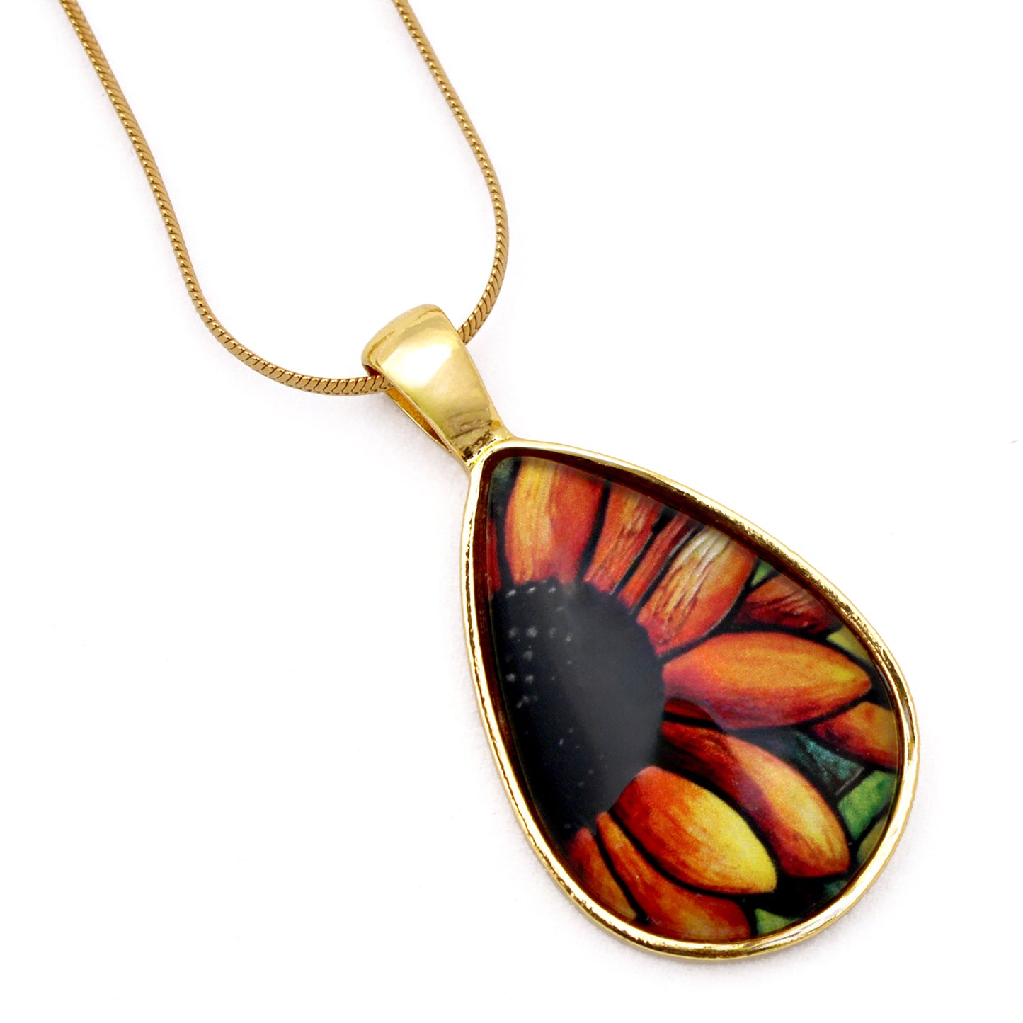 Red Sunflower Gold Teardrop Necklace