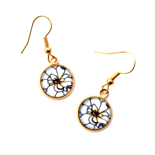 White Begonia Gold Circle Earrings