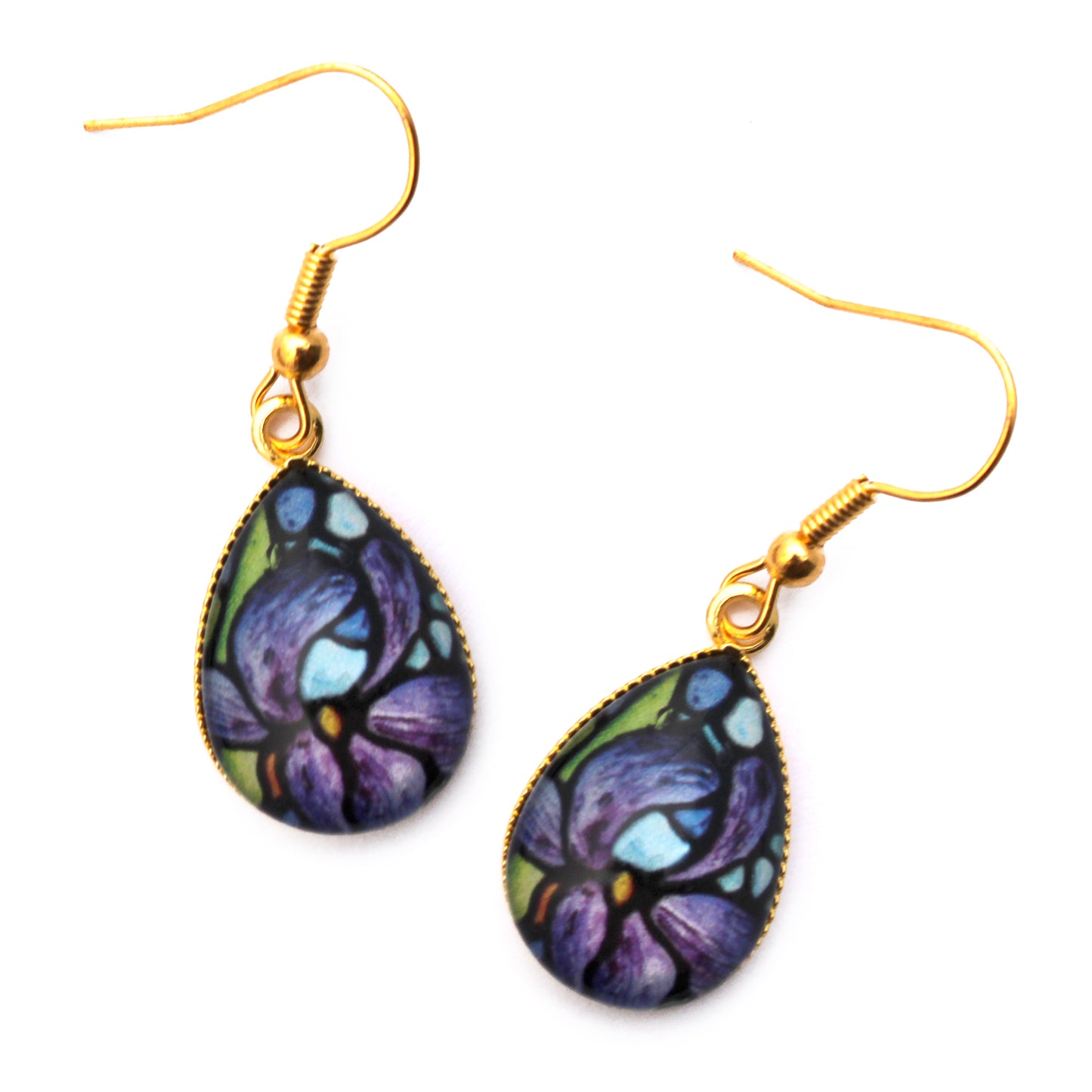 Single Iris Flower Gold Teardrop Glass Earrings