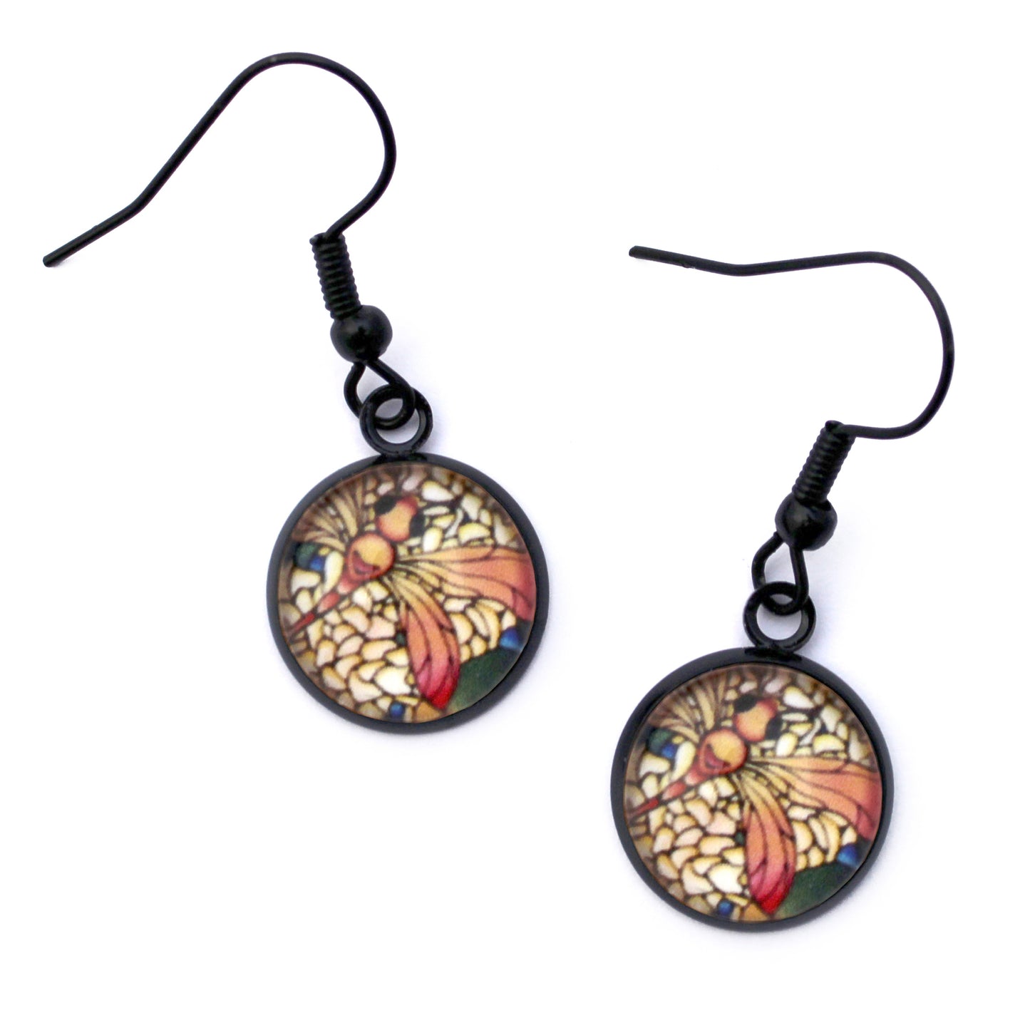 Orange Dragonfly Black Circle Glass Earrings