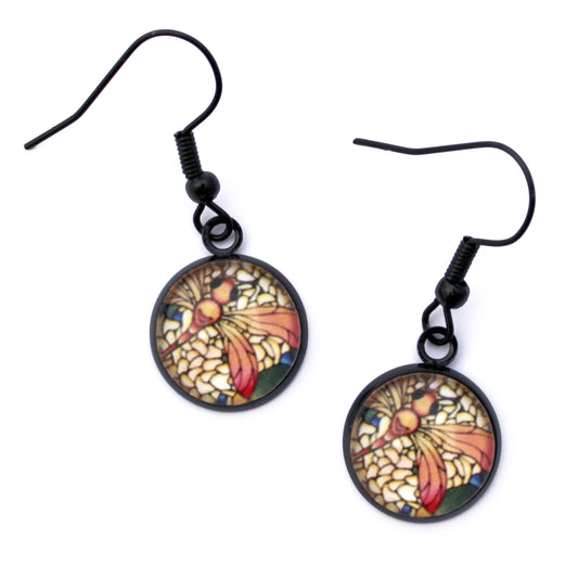 Orange Dragonfly Black Circle Glass Earrings