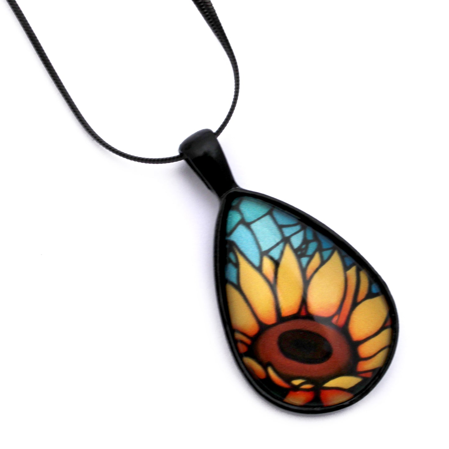 Orange Sunflower Black Teardrop Necklace