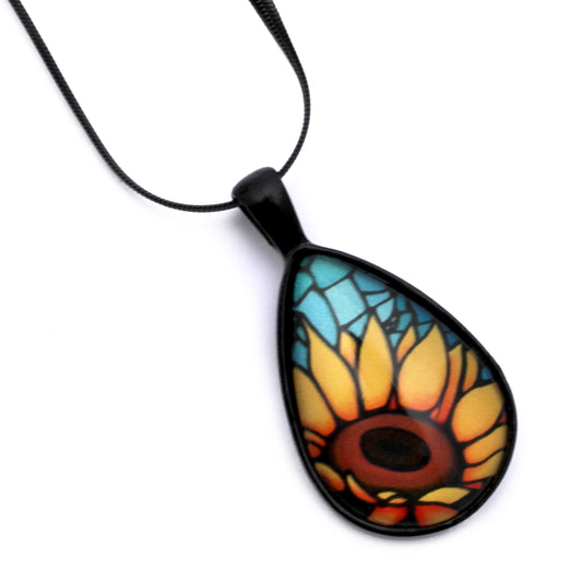 Orange Sunflower Black Teardrop Necklace