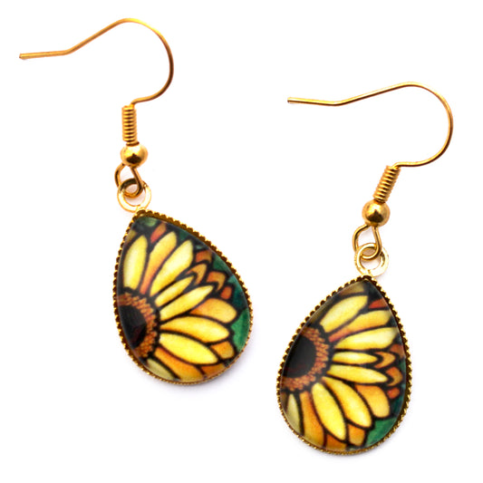 Yellow Daisy Gold Teardrop Earrings