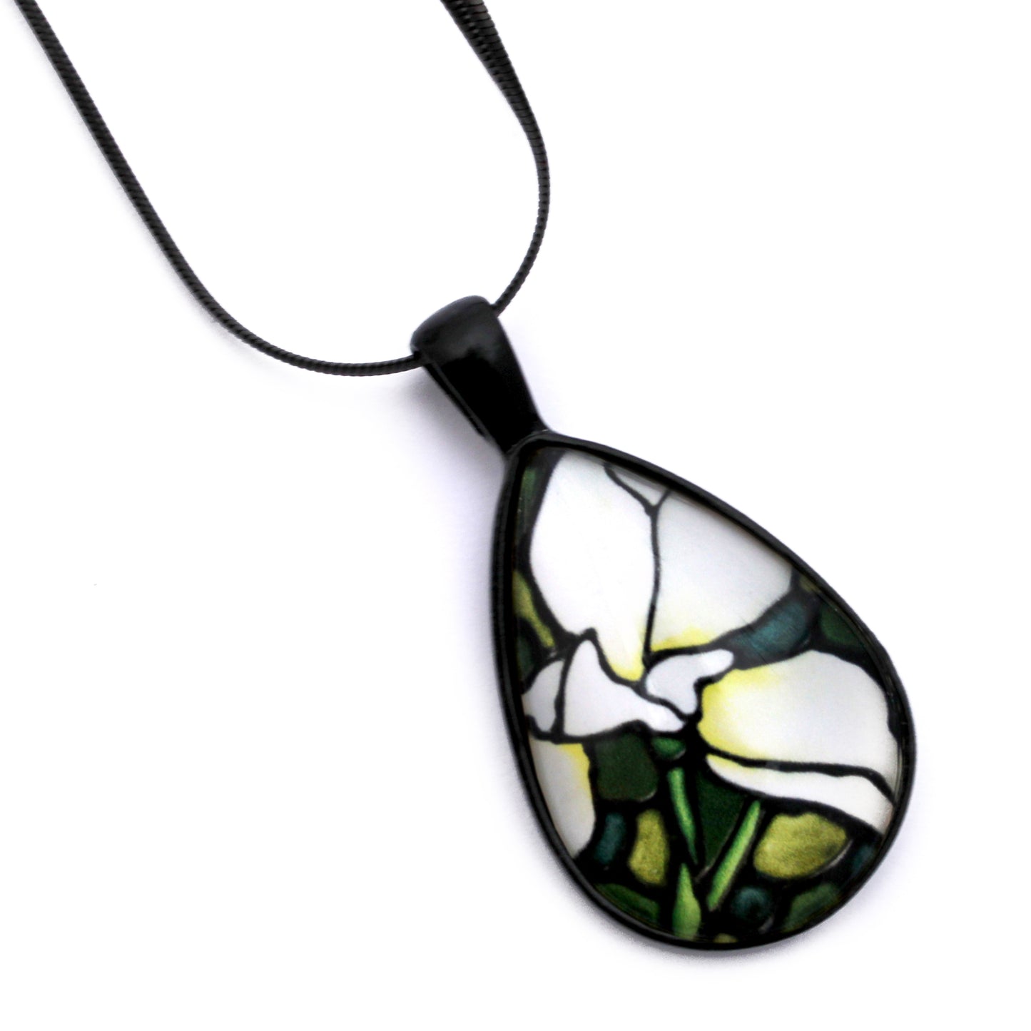 White Iris Black Glass Teardrop Necklace