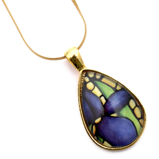 Dark Purple Iris Gold Teardrop Necklace