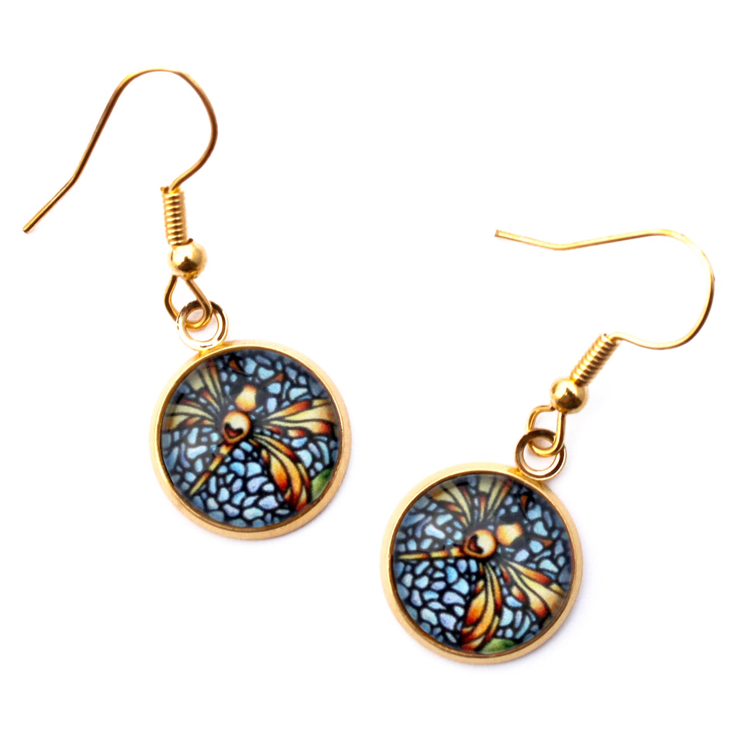 Orange Dragonfly Gold Circle Glass Earrings
