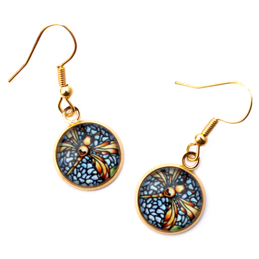 Orange Dragonfly Gold Circle Glass Earrings