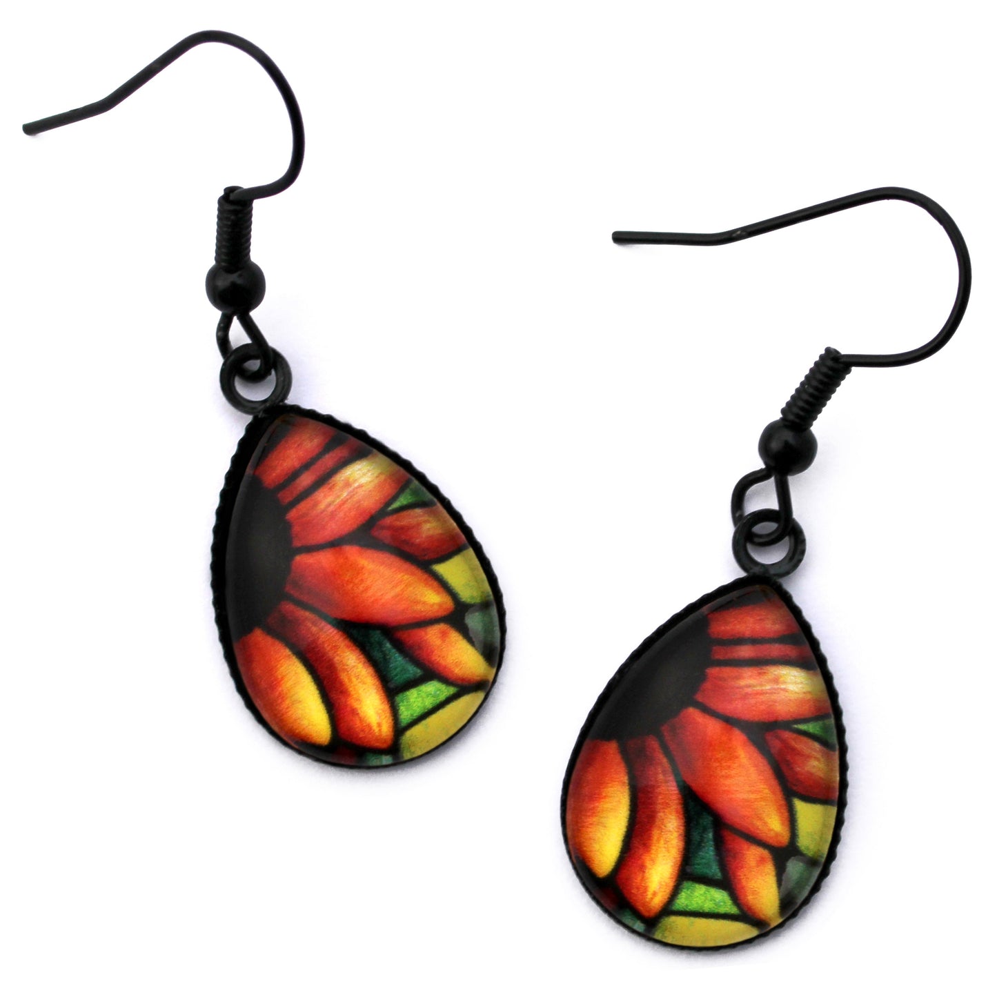 Red Sunflower Black Teardrop Glass Earrings