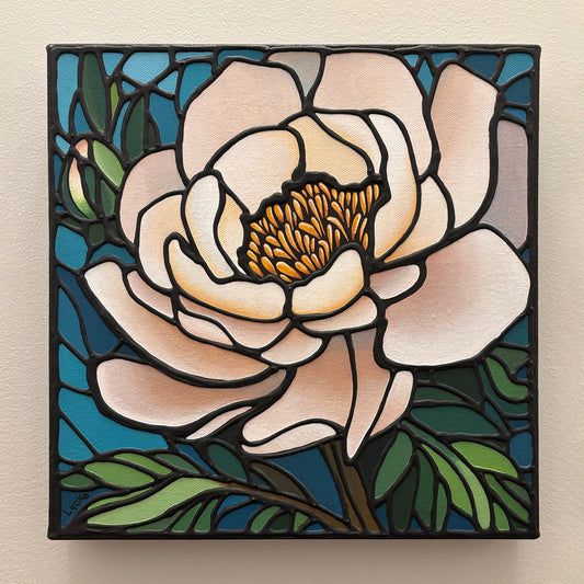 White Peony Flower Original Painting 12 x 12 inch