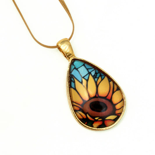 Orange Sunflower Teardrop Necklace