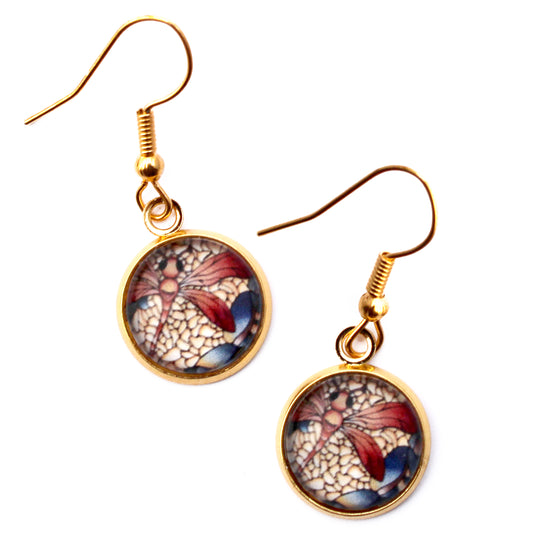 Red Dragonfly Gold Circle Earrings