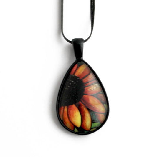 Red Sunflower Black Teardrop Necklace