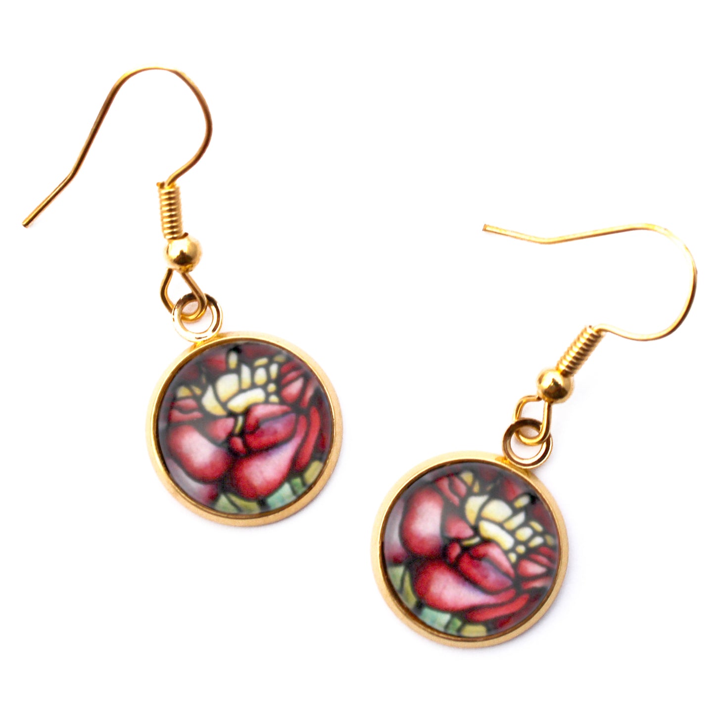 Red Peony Flower Gold Circle Glass Earrings