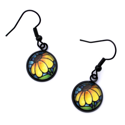 Yellow Sunflower Black Circle Glass Earrings