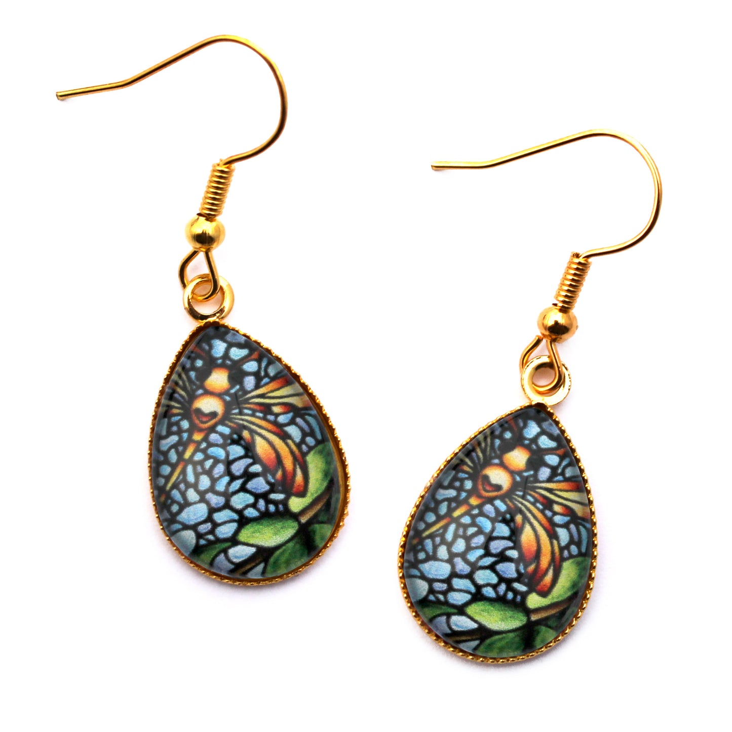 Orange Dragonfly Gold Teardrop Glass Earrings
