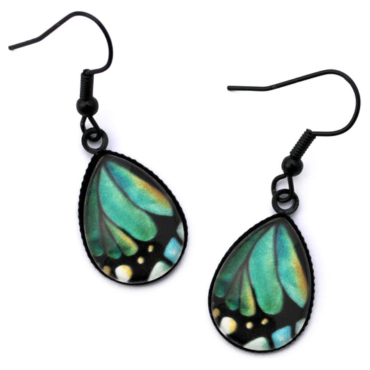 Teal Butterfly Wing Black Teardrop Glass Earrings