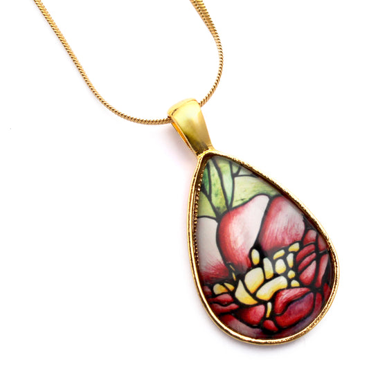 Red Peony Flower Gold Teardrop Necklace