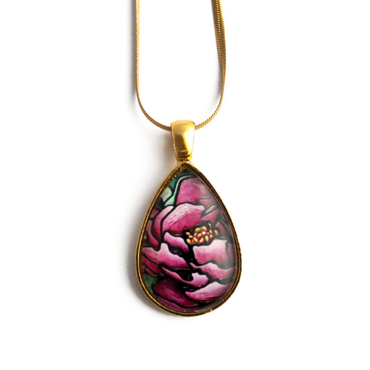 Pink Peony Flower Gold Teardrop Necklace