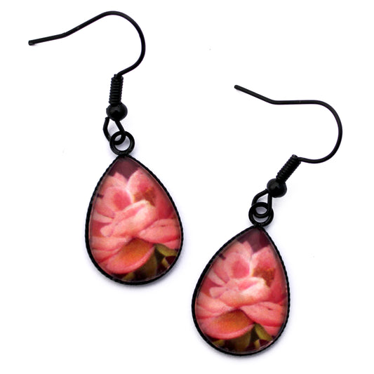 Soft Peony Black Teardrop Earrings