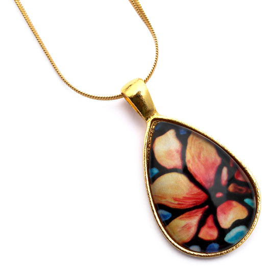 Peach Magnolia Flower Gold Teardrop Necklace