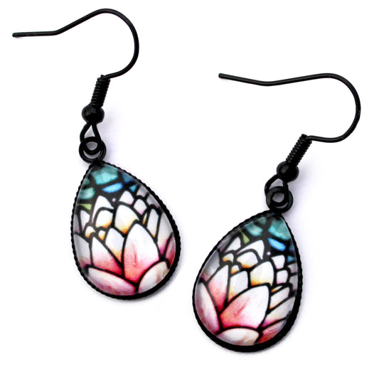 Lotus Flower Black Teardrop Earrings