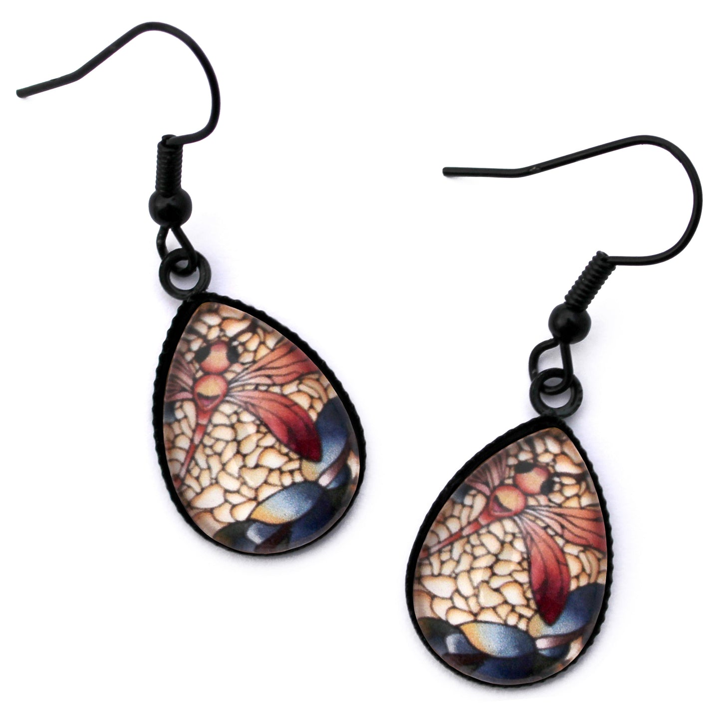 Red Dragonfly Black Teardrop Glass Earrings