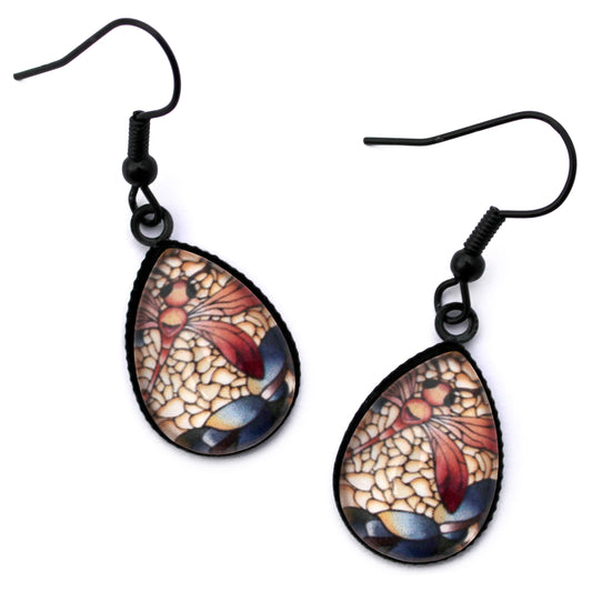 Red Dragonfly Black Teardrop Glass Earrings