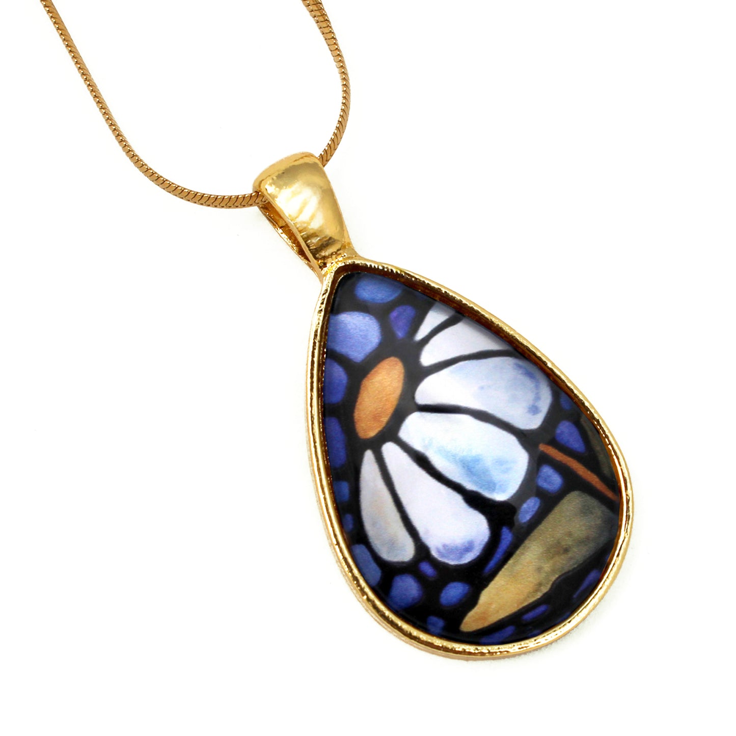 White Daisy Gold Glass Teardrop Necklace