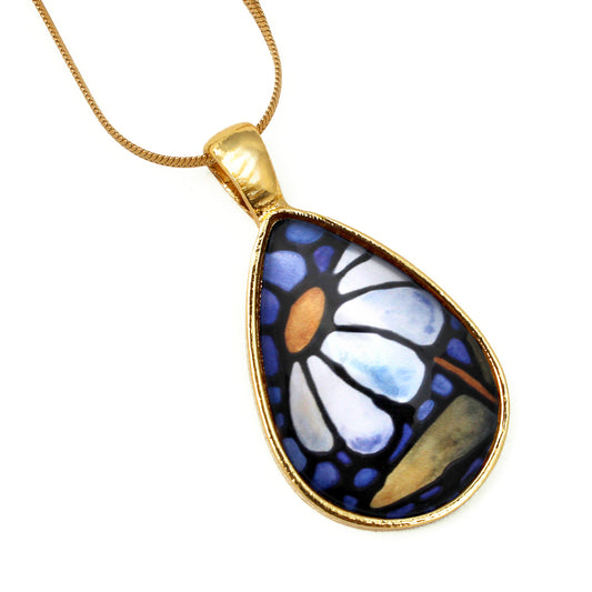 White Daisy Gold Glass Teardrop Necklace