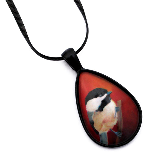Chickadee Bird Black Teardrop Necklace
